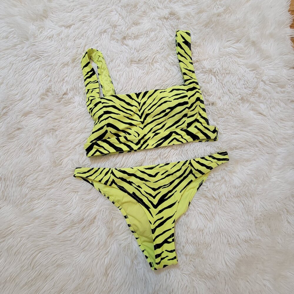 👙Forever 21 Women Padded Bikini Set Neon Yellow Zebra Print👙